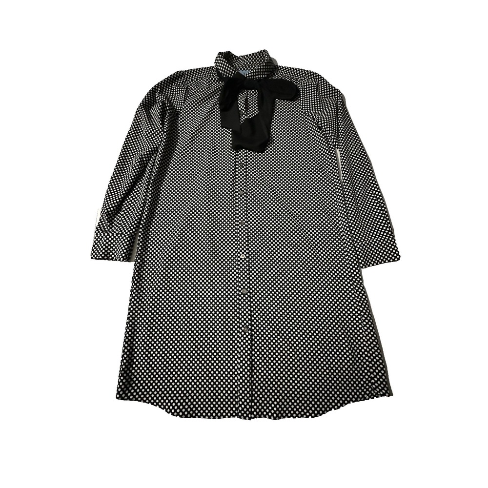CeCe Black White Polka Dot Shirt Dress Bow Tie Neck‎ Button Front Size Small